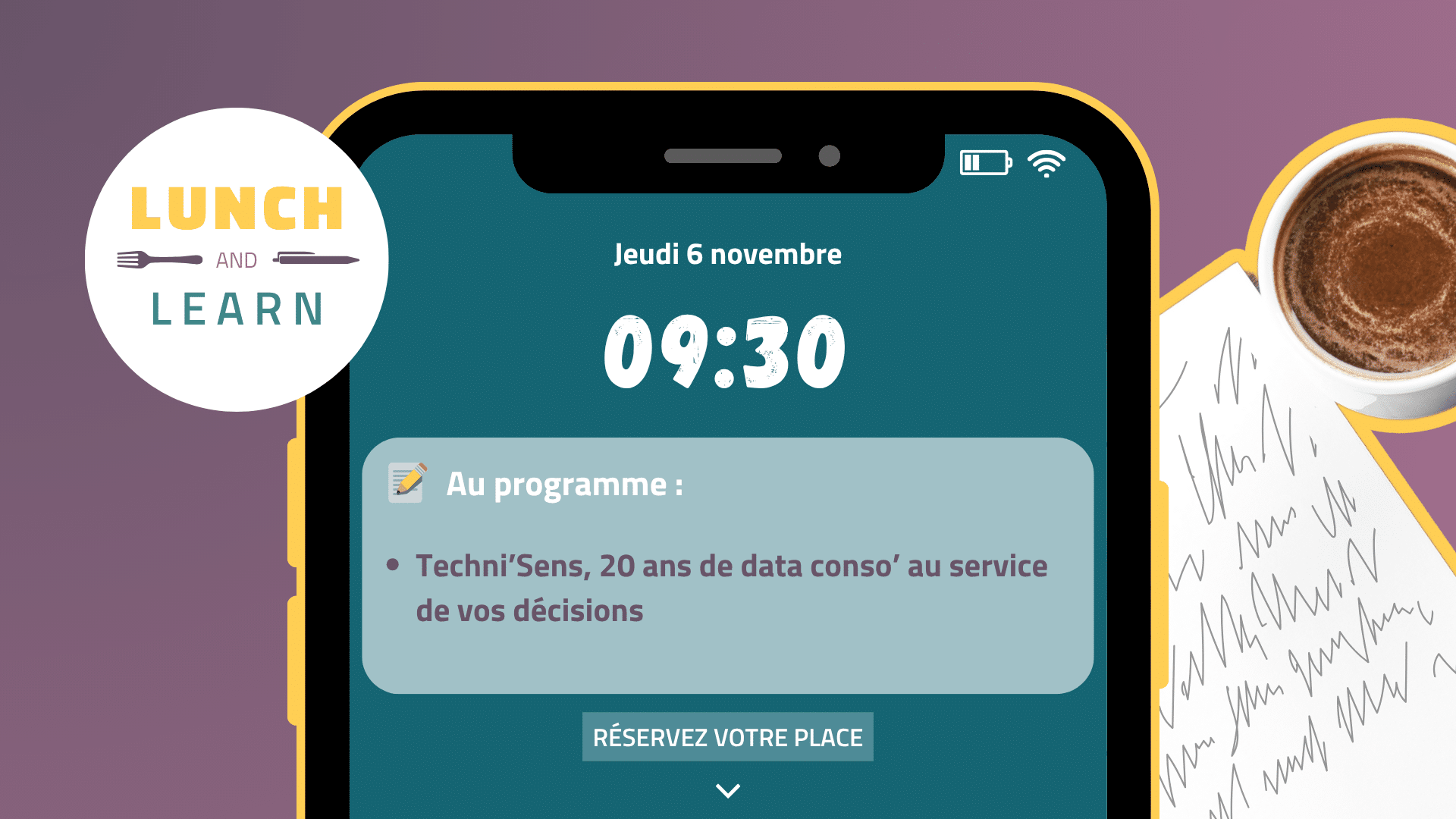 Téléphone et tasse de café présentant les informations du prochain Lunch&Learn de Techni’Sens