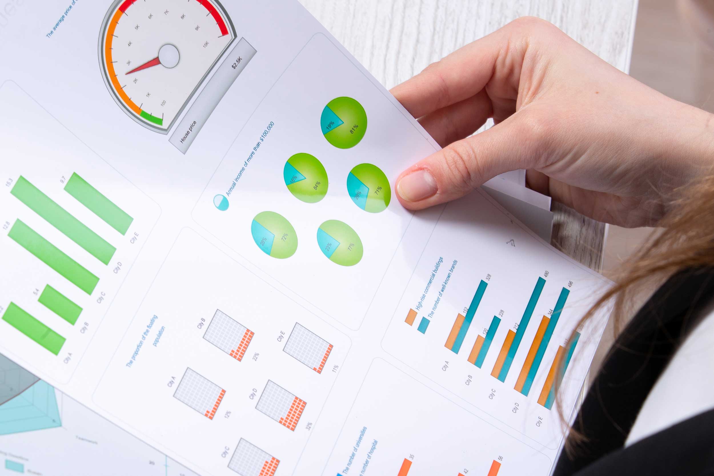 Marketing summary comparing several products, with two hands pointing at different elements of the chart.
