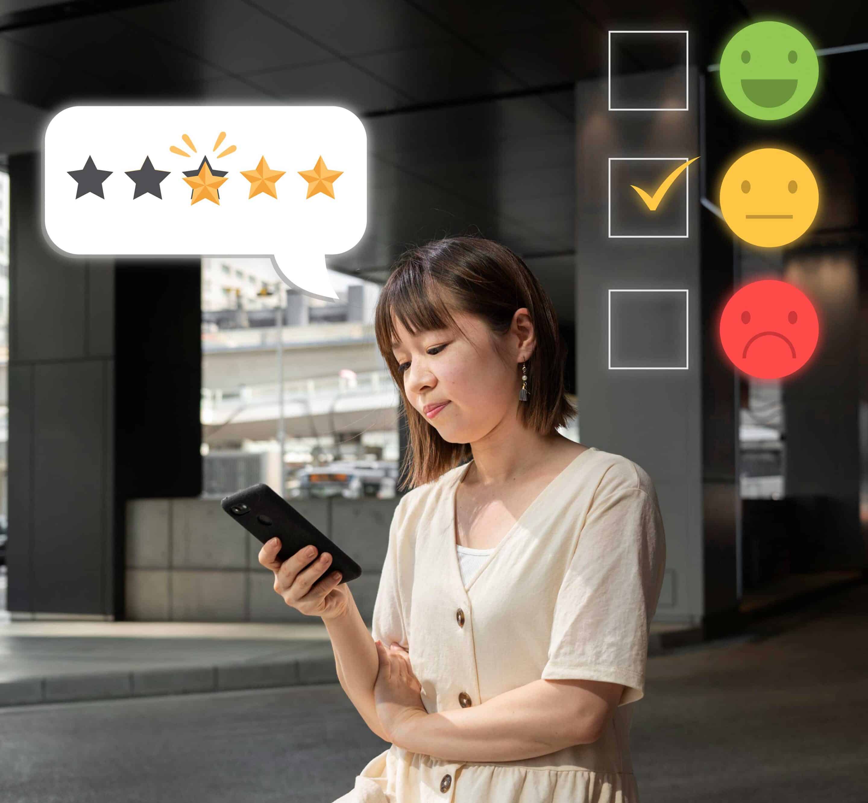 Young woman giving a satisfaction rating from her smartphone, illustrating customer experience evaluation and NPS score.